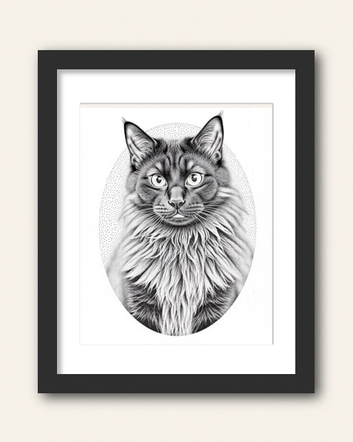 Photo showing a example of a black frame with white matte to purchase from the Paco Floyd Custom Pet Portrait website.
