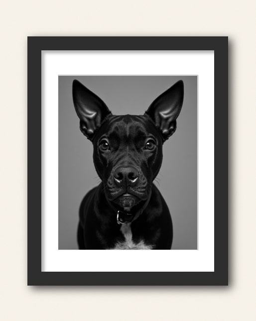 Photo showing a example of a black frame with white matte to purchase from the Paco Floyd Custom Pet Portrait website.