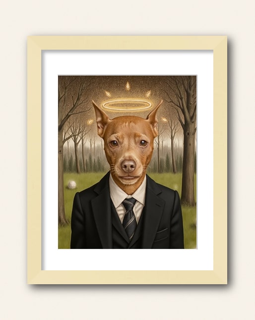 Photo showing a example of a natural wood frame with white matte to purchase from the Paco Floyd Custom Pet Portrait website.