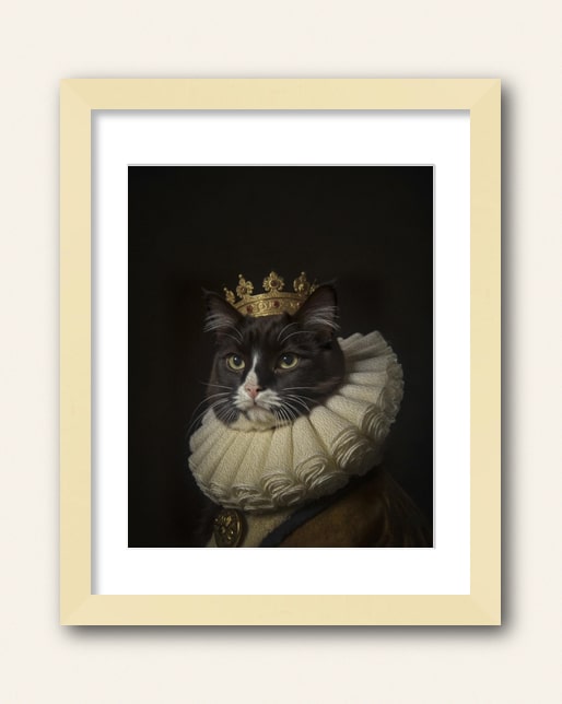 Photo showing a example of a natural wood frame with white matte to purchase from the Paco Floyd Custom Pet Portrait website.