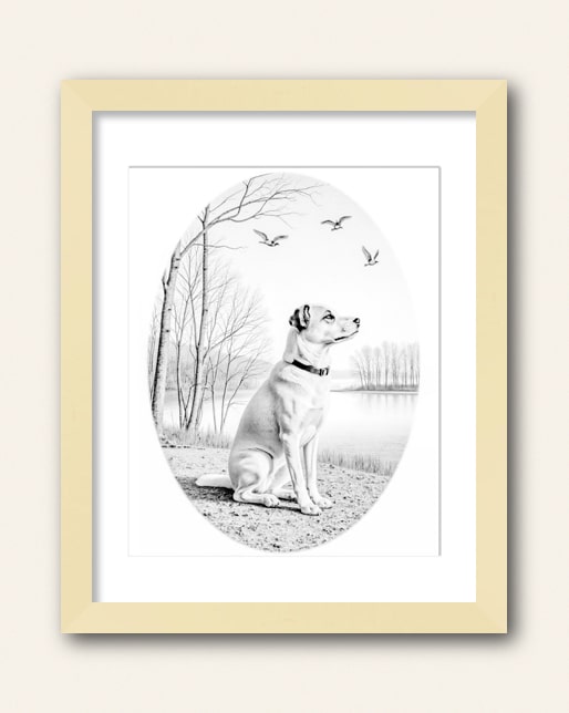 Photo showing a example of a natural wood frame with white matte to purchase from the Paco Floyd Custom Pet Portrait website.