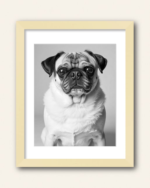 Photo showing a example of a natural wood frame with white matte to purchase from the Paco Floyd Custom Pet Portrait website.