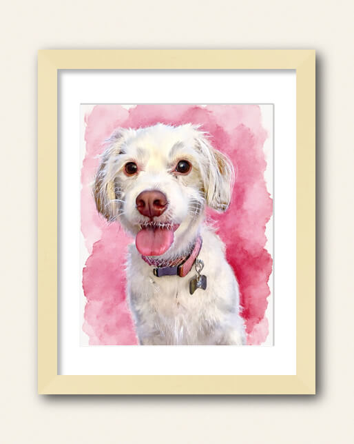 Photo showing a example of a natural wood frame with white matte to purchase from the Paco Floyd Custom Pet Portrait website.