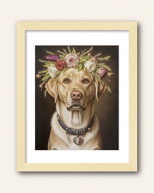 Photo showing a example of a natural wood frame with white matte to purchase from the Paco Floyd Custom Pet Portrait website.