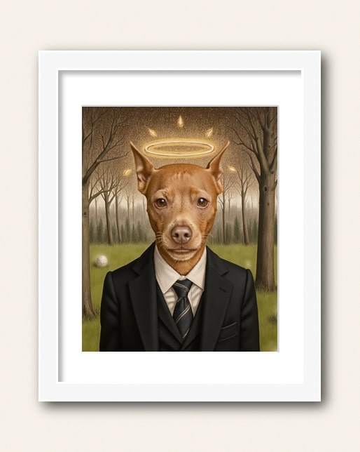 Photo showing a example of a white frame with white matte to purchase from the Paco Floyd Custom Pet Portrait website.