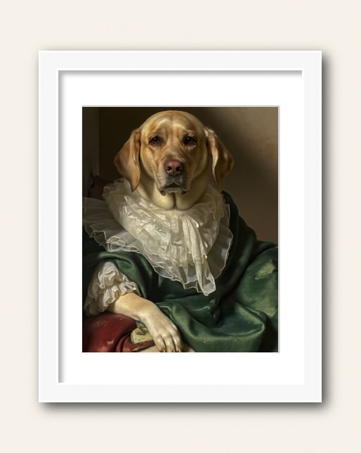 Photo showing a example of a white frame with white matte to purchase from the Paco Floyd Custom Pet Portrait website.