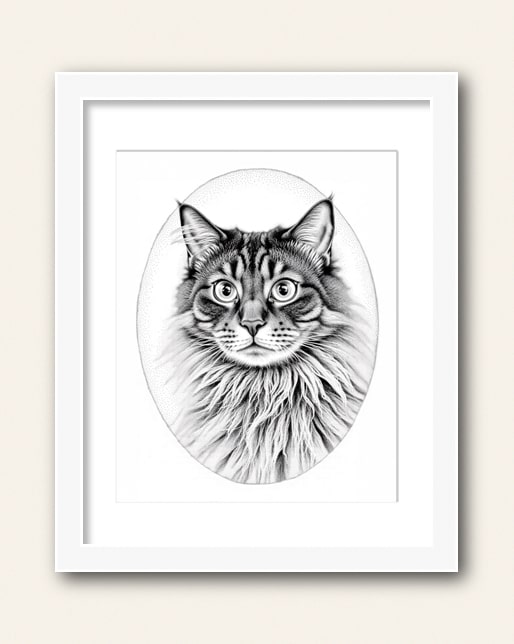 Photo showing a example of a white frame with white matte to purchase from the Paco Floyd Custom Pet Portrait website.