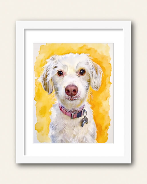 Photo showing a example of a white frame with white matte to purchase from the Paco Floyd Custom Pet Portrait website.