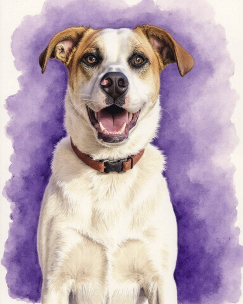 A watercolor portrait of a white dog on a purple background. This is an example of Paco Floyd’s Custom Pet Portraits 'Watercolor' style.