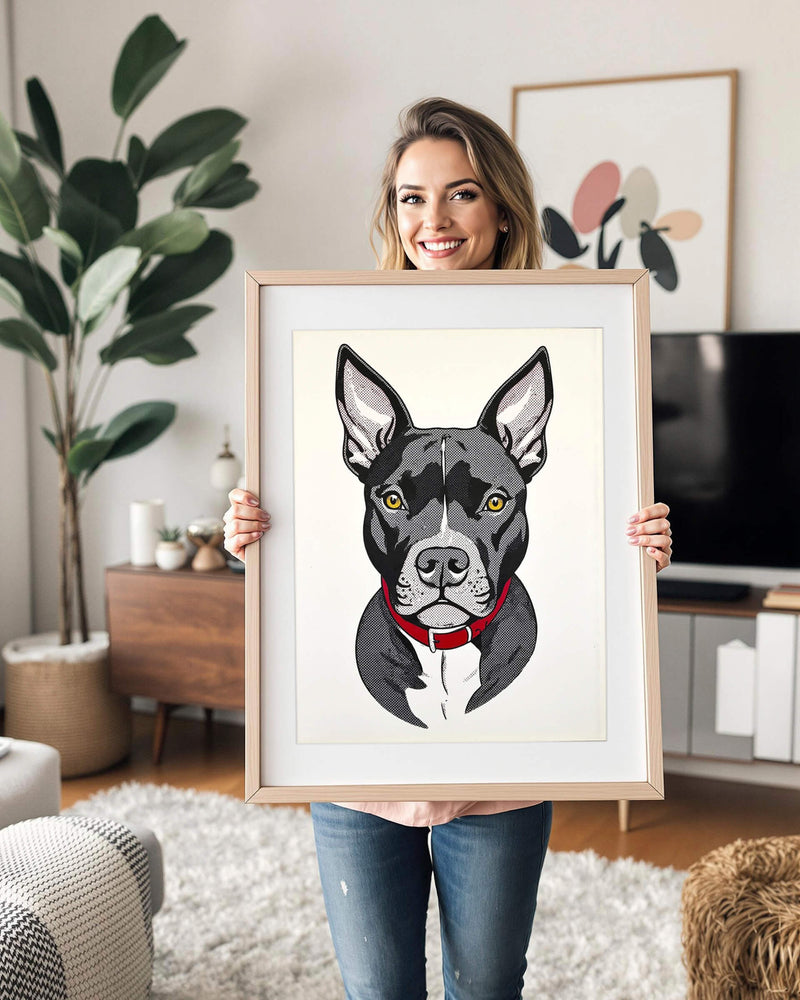 An example of a custom stipple/pointillism-style pet portrait featuring a pitbull mix, framed and held by a woman, showcasing the Paco Floyd Custom Pet Portrait 