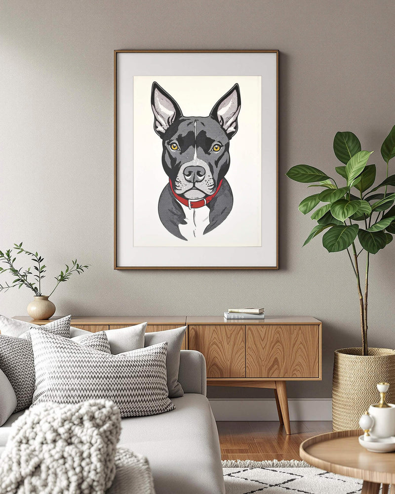 An example of a custom stipple/pointillism-style pet portrait featuring a pitbull mix, framed and hanging on the wall in a living room, showcasing the Paco Floyd Custom Pet Portrait 