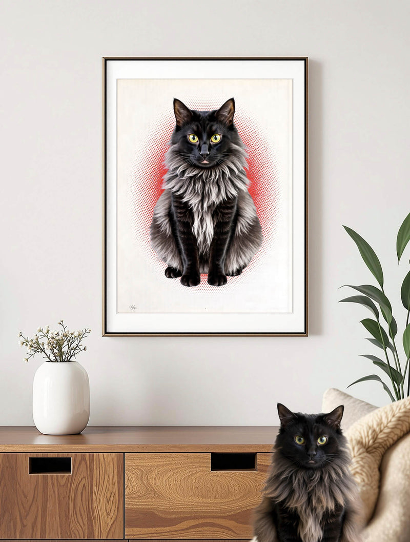 An example of a custom stipple/pointillism-style pet portrait featuring a cat with red background, framed and hanging on the wall in a living room, showcasing the Paco Floyd Custom Pet Portrait 