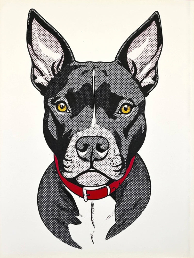 An example of a custom stipple/pointillism-style pet portrait featuring a pitbull mix close up, showcasing the Paco Floyd Custom Pet Portrait 