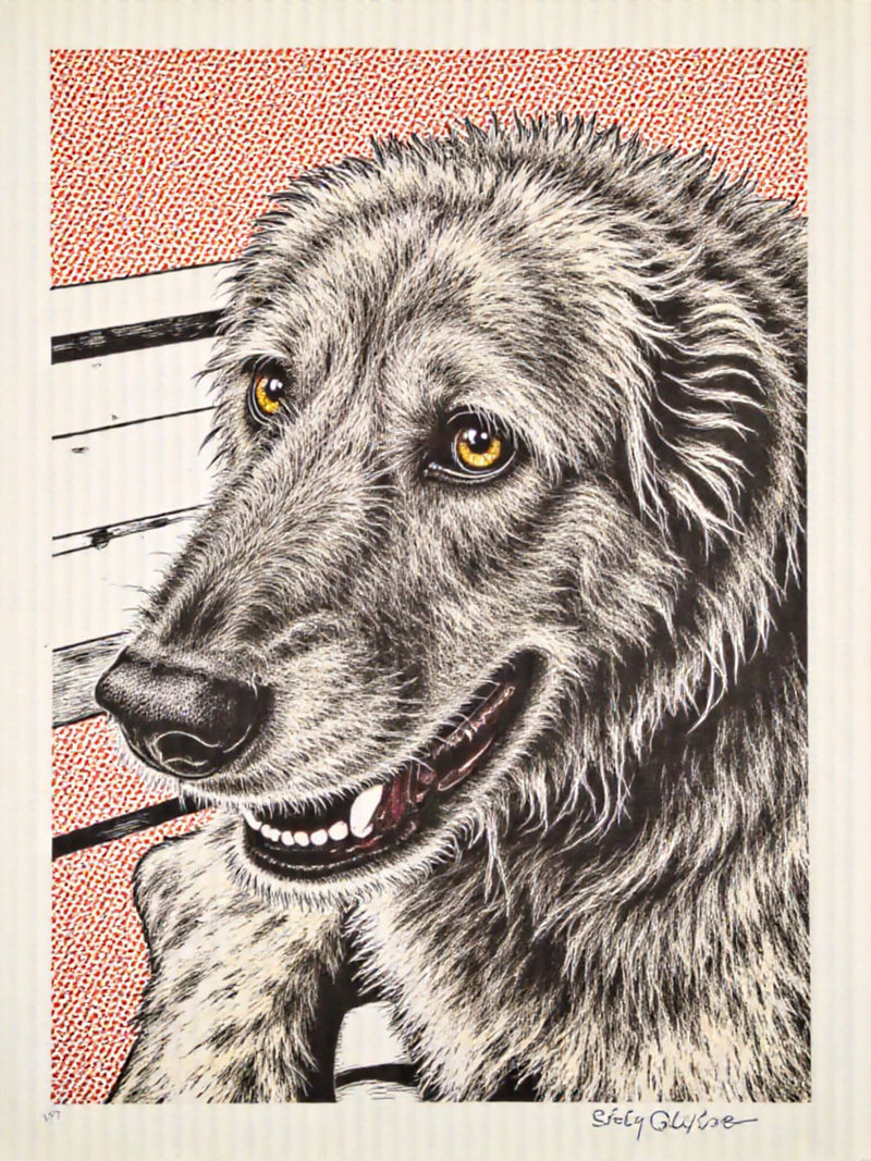 An example of a custom stipple/pointillism-style pet portrait featuring a dog close up, showcasing the Paco Floyd Custom Pet Portrait 