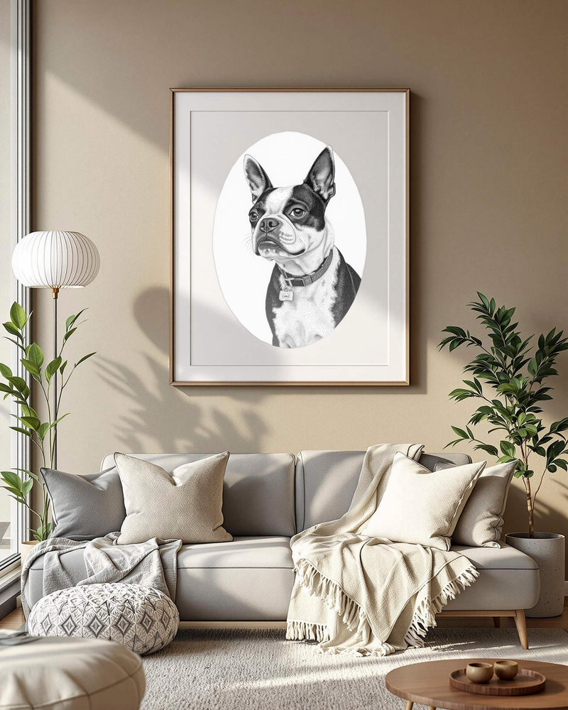 An example of a custom stipple/pointillism-style pet portrait featuring a boston terrier, framed and hanging on the wall in a living room, showcasing a detailed and artistic dot-based design.