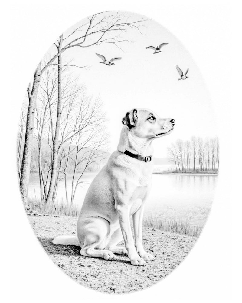 An example of a custom stipple/pointillism-style pet portrait featuring a dog on a lake, showcasing a detailed and artistic dot-based design.