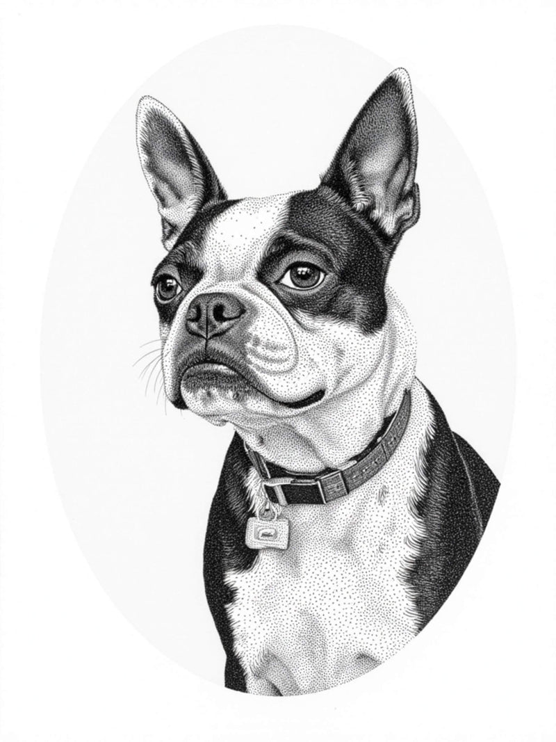 An example of a custom stipple/pointillism-style pet portrait featuring a boston terrier , showcasing a detailed artistic dot-based design.
