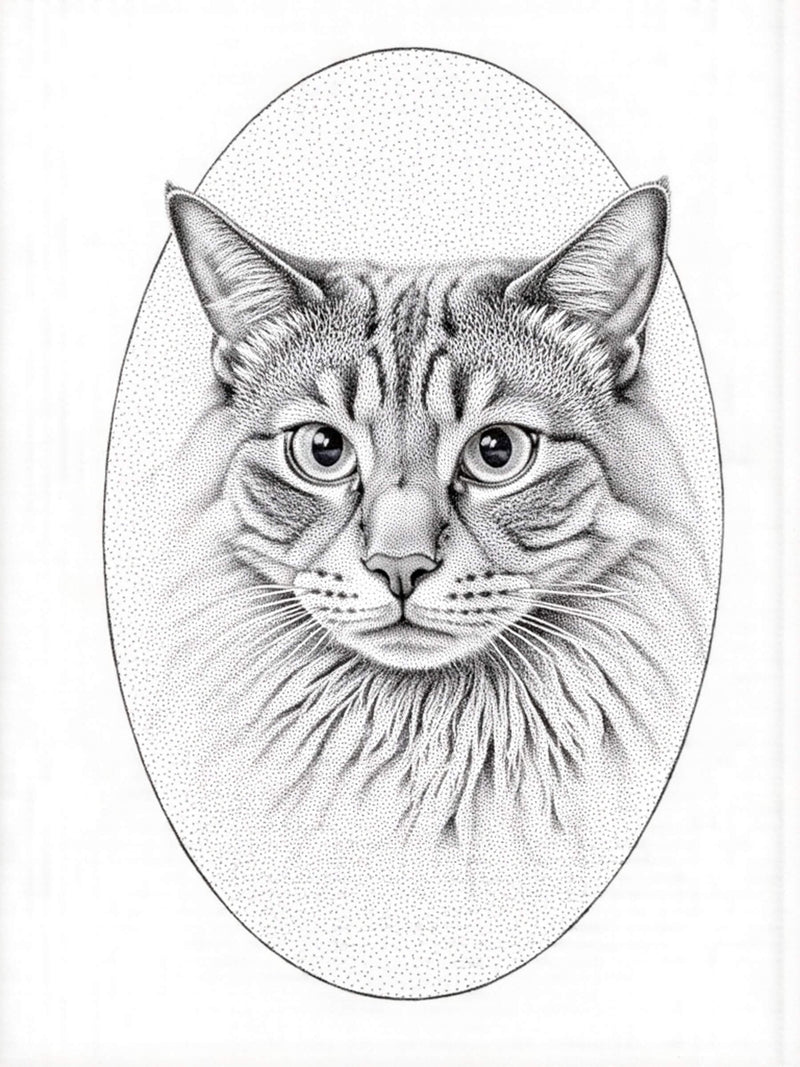 An example of a custom stipple/pointillism-style pet portrait featuring a maine coon cat, showcasing a detailed and artistic dot-based design.