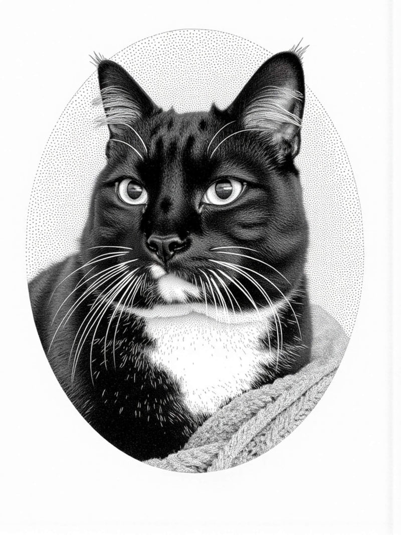 An example of a custom stipple/pointillism-style pet portrait featuring a cat, showcasing a detailed and artistic dot-based design.