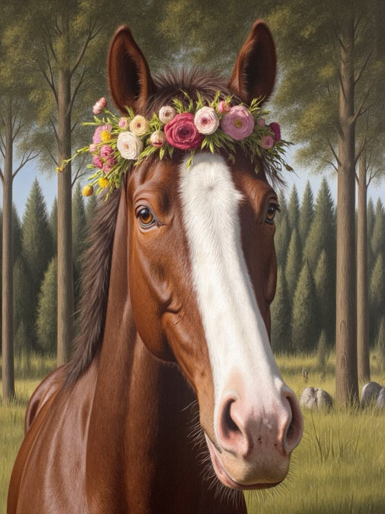 Brown horse with his nose point right wearing a pink flower crown standing in a sunny field with trees in the background.