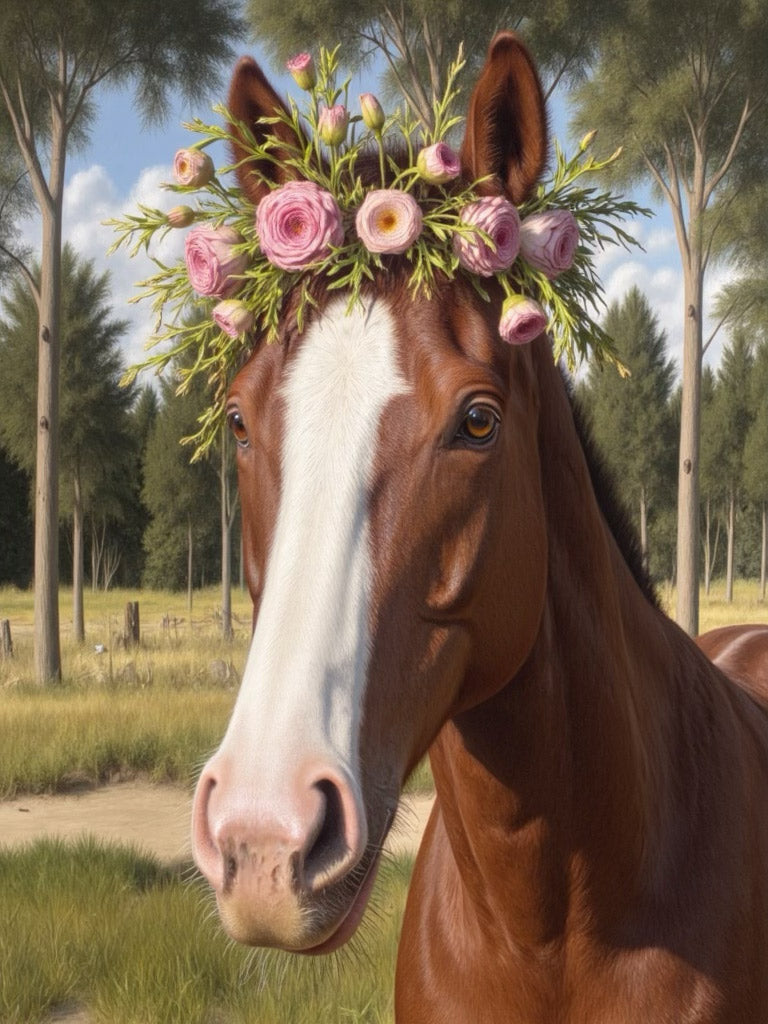 Brown horse wearing a pink flower crown standing in a sunny field with trees in the background.