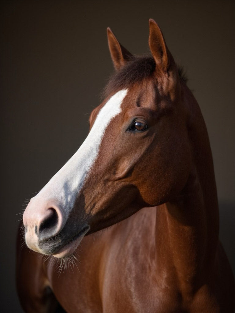 Studio portrait of a brown horse with a white blaze on its face, side face view, standing against a neutral background.
