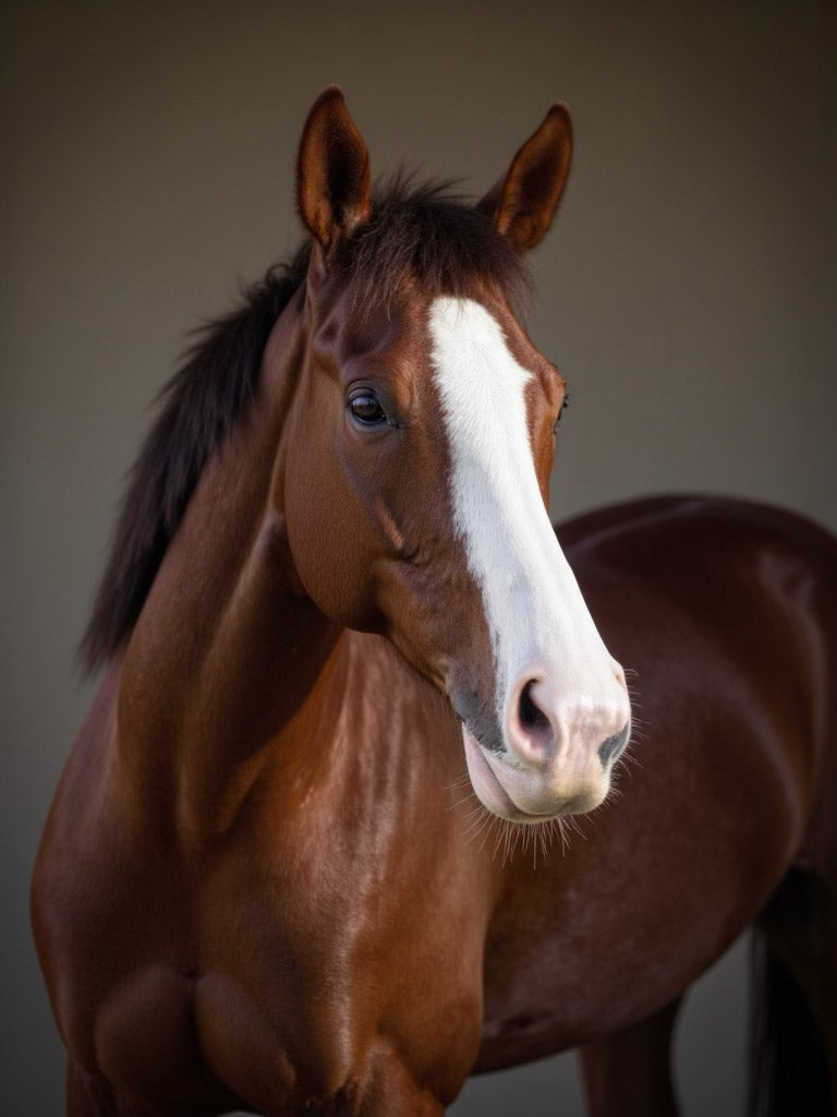 Studio portrait of a brown horse with a white blaze on its face, standing against a neutral background.