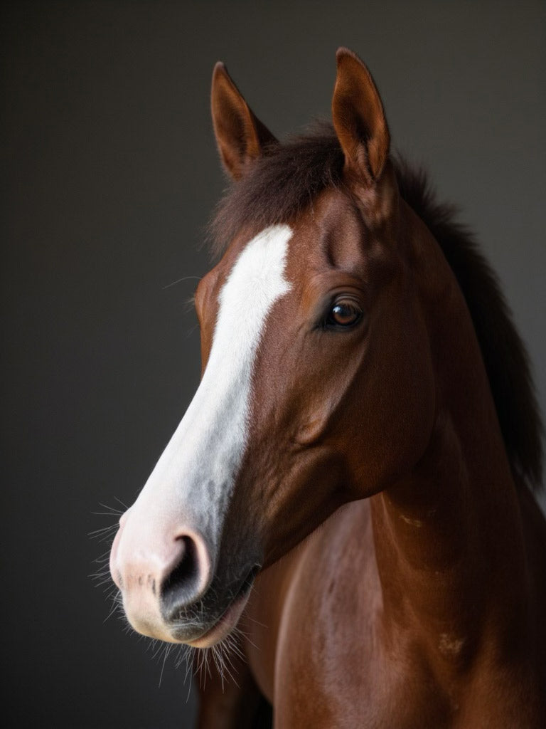 Studio portrait of a brown horse with a white blaze on its face pointing left, standing against a neutral background.
