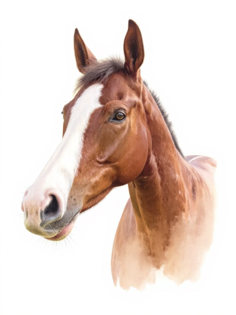 Side profile watercolor portrait of a brown horse with a white blaze, showcasing its strong features.