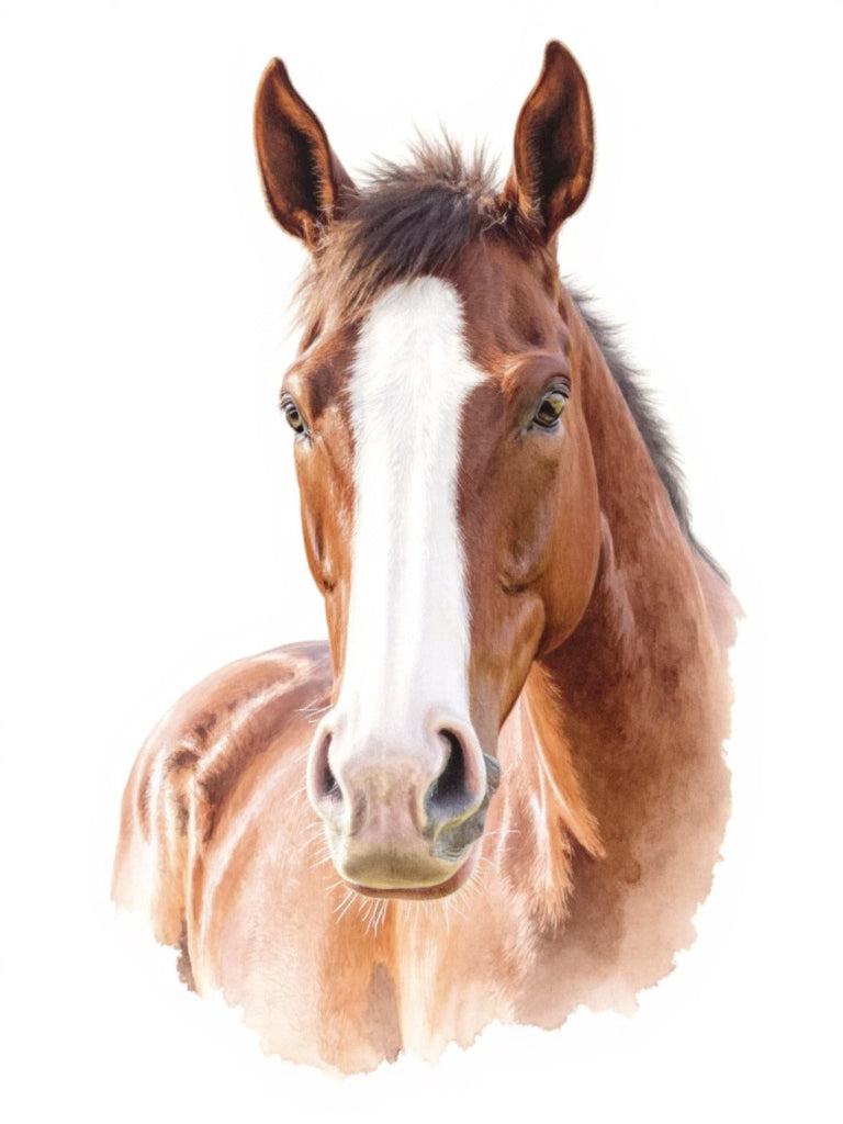 Front facing watercolor illustration of a brown horse with a white blaze, highlighting its alert expression