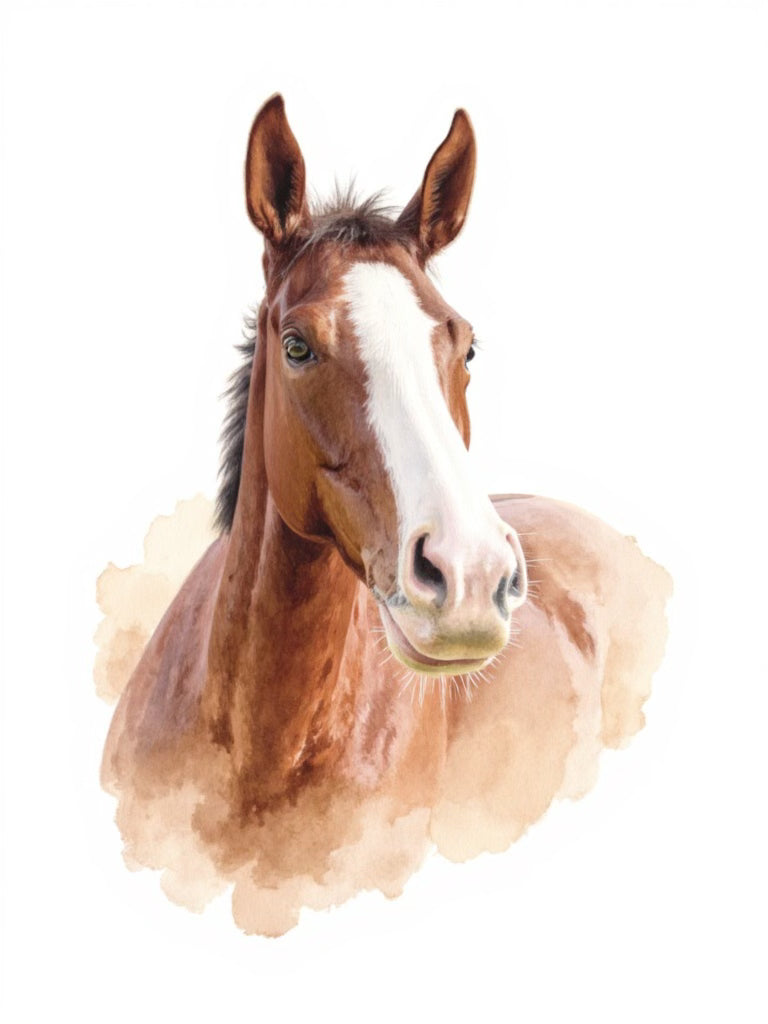 Side profile watercolor portrait of a brown horse with a white blaze, showcasing its drive to run free.