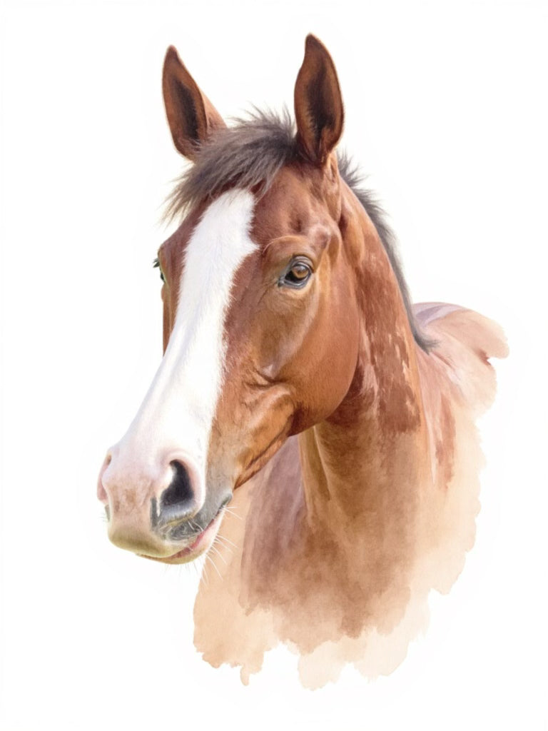 Another side profile watercolor portrait of a brown horse with a white blaze, showcasing its drive to run free.