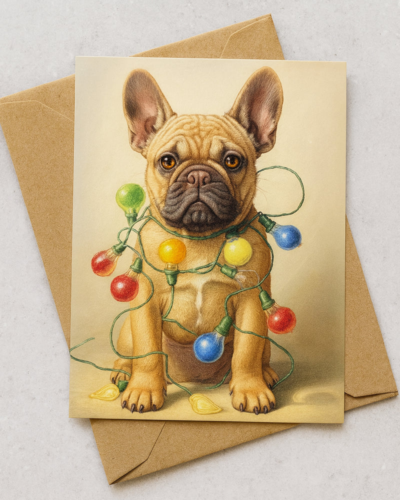 A holiday greeting card featuring a realistic portrait of a Dalmatian dog wrapped in colorful vintage Christmas lights. The card is printed on fine art linen paper and paired with a kraft envelope, resting on a light stone countertop.
