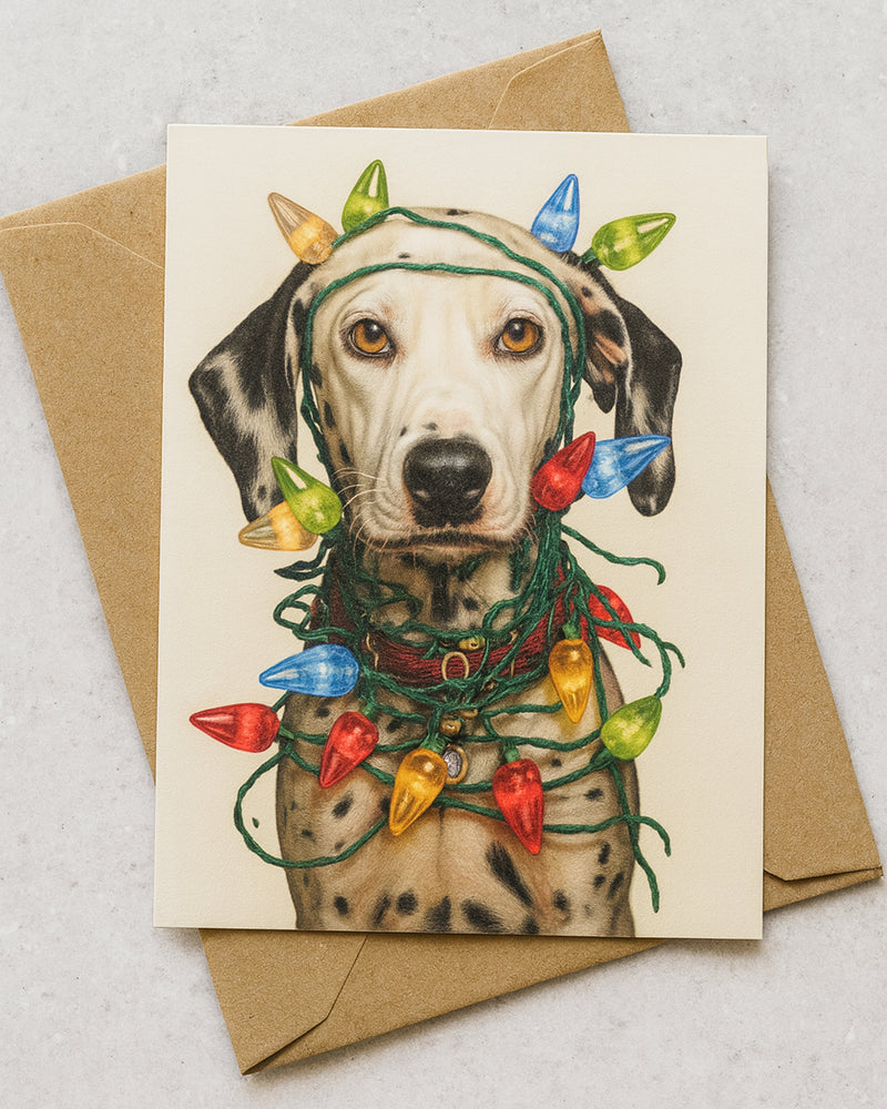 A holiday greeting card featuring a realistic portrait of a Dalmatian dog wrapped in colorful vintage Christmas lights. The card is printed on fine art linen paper and paired with a kraft envelope, resting on a light stone countertop.