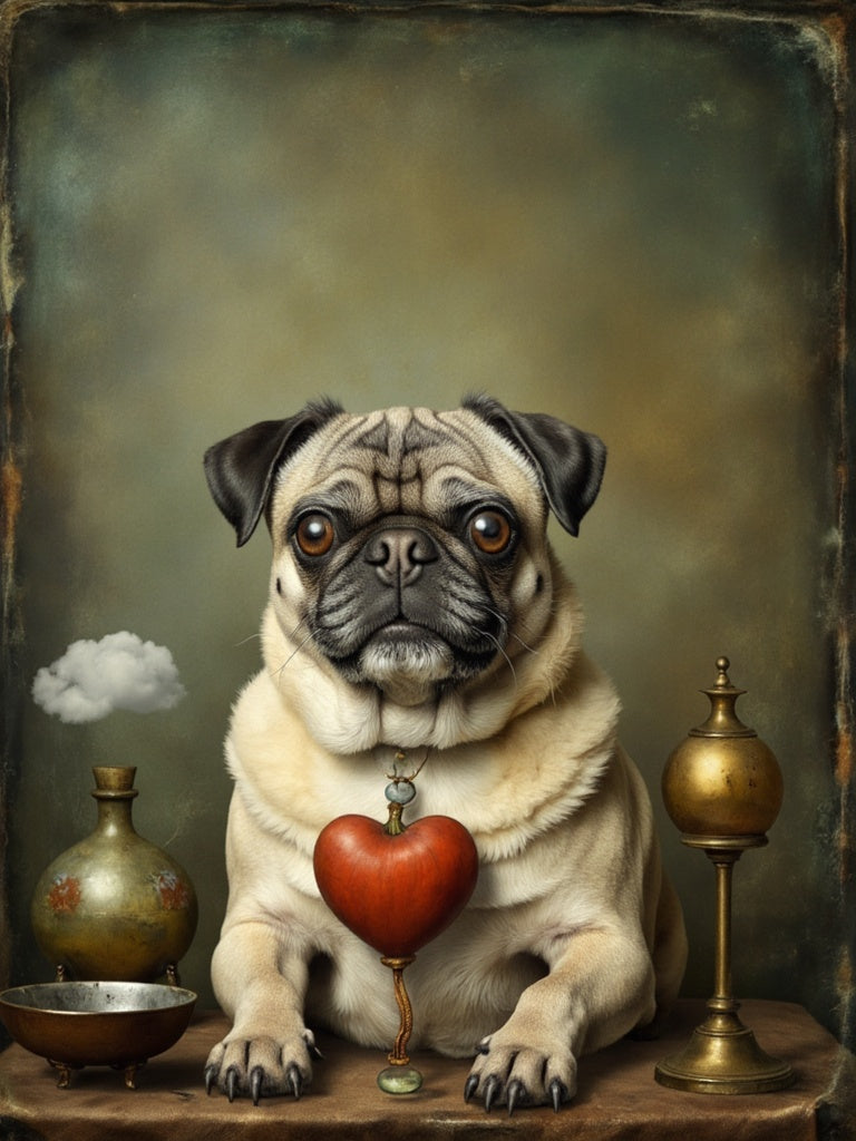 An example of a custom surreal photo pet portrait featuring a Pug lying on a table with a large heart hanging from its collar, showcasing a whimsical and artistic style.