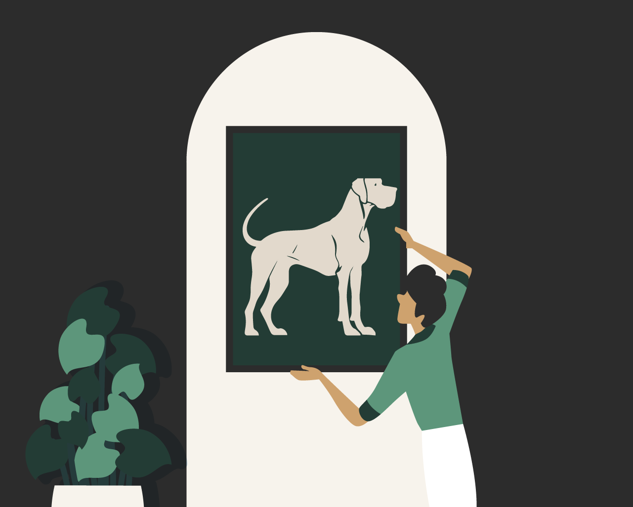 A woman holds a framed oil painting-style portrait of a black dog, showcasing the final product delivered to the client.